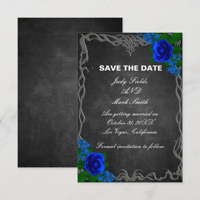 Royal Blue Rose Chalk Board Wedding Save The Date (Front/Back)