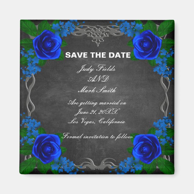 Royal Blue Rose Chalk Board Wedding Save The Date Magnet (Front)