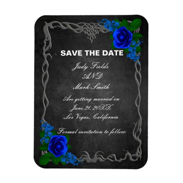 Royal Blue Rose Chalk Board Wedding Save The Date Magnet (Vertical)