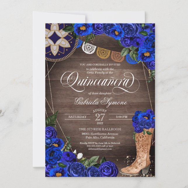 Royal Blue Rose Charra Cowgirl Western Quinceañera Invitation (Front)