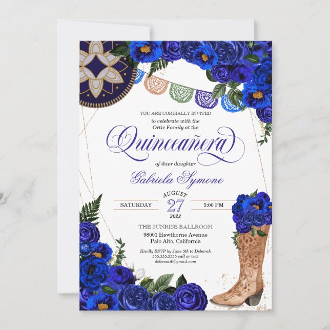 Royal Blue Rose Charra Cowgirl Western Quinceañera Invitation (Front)
