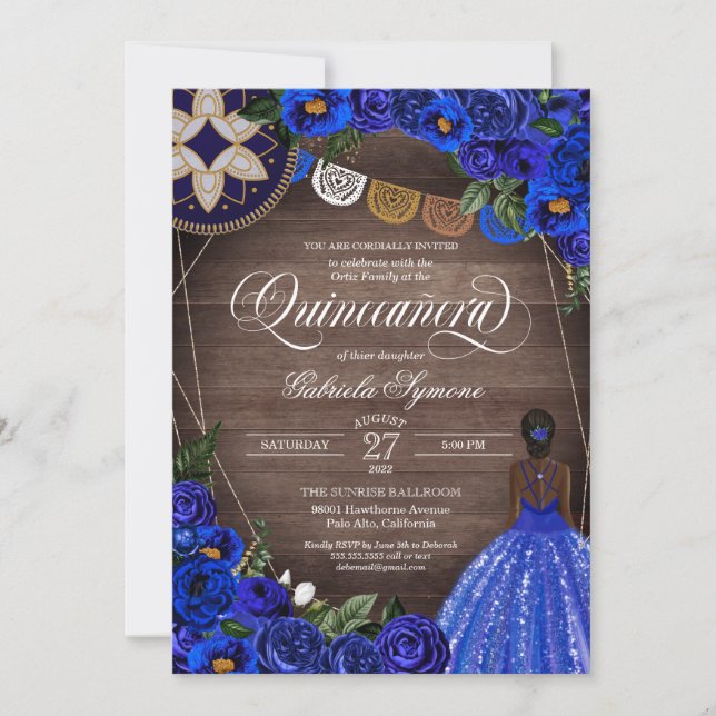 Royal Blue Rose Charro Country Glam Quinceanera Invitation (Front)