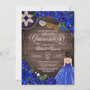 Royal Blue Rose Charro Country Gown Quinceanera Invitation