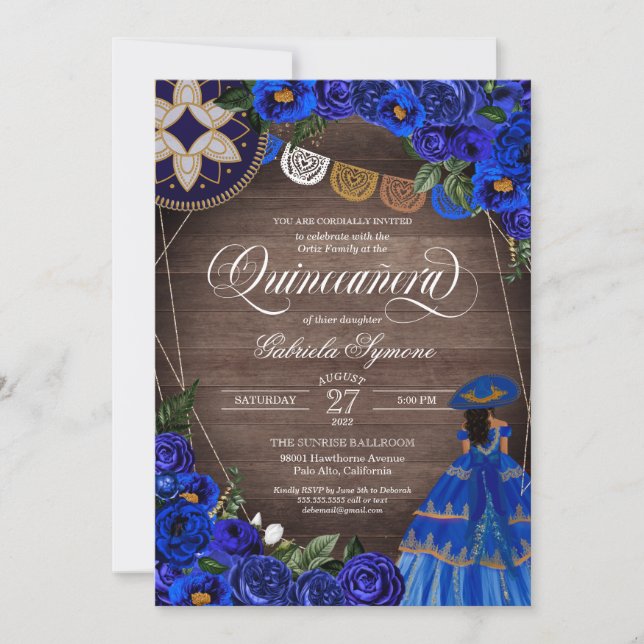 Royal Blue Rose Charro/Mariachi Rustic Quinceanera Invitation (Front)