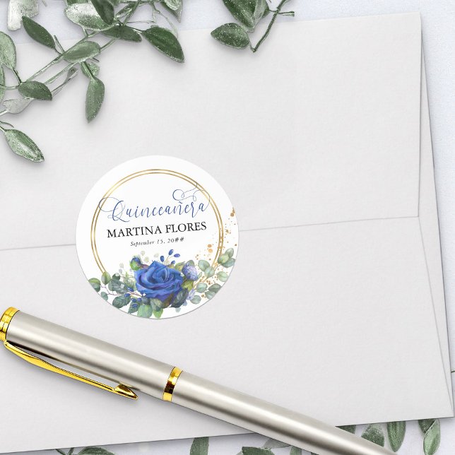 Royal Blue Rose Elegant Calligraphy Quinceanera Classic Round Sticker (Envelope seal or favor sticker from my Rose and Eucalyptus Quinceanera collection)