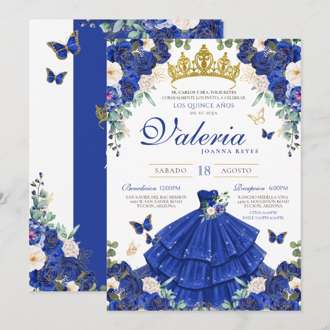 Royal Blue Rose Elegant Princess Quinceanera Invitation (Front/Back)