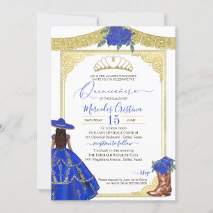 Royal Blue Rose Elegant Western Charro Quinceanera Invitation