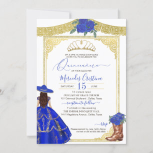 Royal Blue Rose Elegant Western Charro Quinceanera Invitation