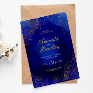 Royal Blue Rose Fancy Gold Lace QR Code Wedding Invitation