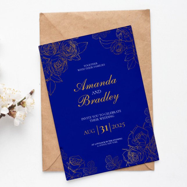 Royal Blue Rose Fancy Gold Lace QR Code Wedding Invitation (Creator Uploaded)