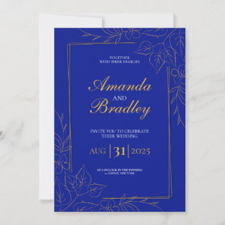 Royal Blue Rose Fancy Gold Lace QR Code Wedding Invitation
