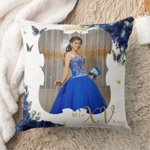 Royal Blue Rose Floral Picture Quinceañera Memento Cushion