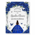 Royal Blue Rose Floral Princess Silver Quinceañera