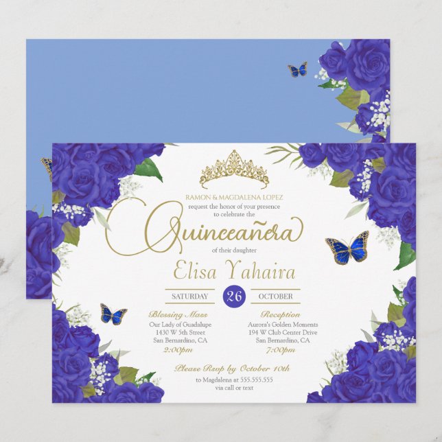 Royal Blue Rose Floral Tiara Butterfly Quinceanera Invitation (Front/Back)