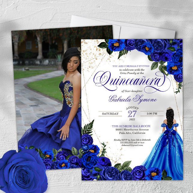 Royal Blue Rose & Gold Elegant Photo Quinceañera  Invitation (Creator Uploaded)
