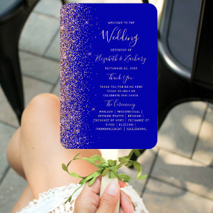 Royal Blue Rose Gold Glitter Edge Wedding Program Hand Fan