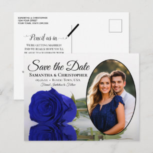 Royal Blue Rose Oval Photo Wedding Save The Date Announcement Postcard