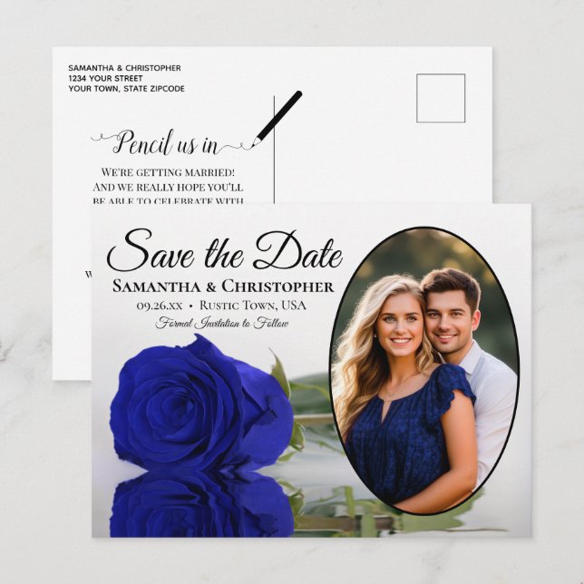 Royal Blue Rose Oval Photo Wedding Save The Date Announcement Postcard (Front/Back)