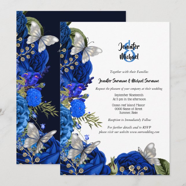 Royal blue rose silver butterfly foliage chic invitation (Front/Back)