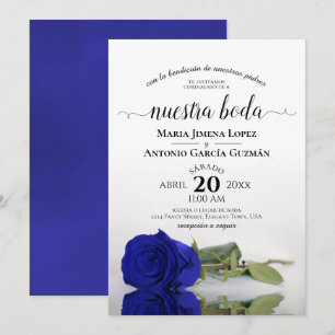 Royal Blue Rose Spanish Nuestra Boda Wedding Invitation
