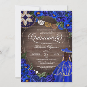 Royal Blue Rose Western Charro Rustic Quinceanera  Invitation