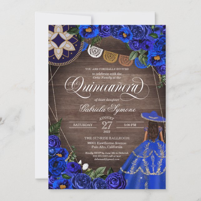 Royal Blue Rose Western Charro Rustic Quinceanera Invitation (Front)