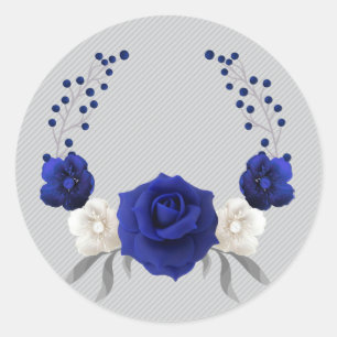 royal blue rose white flowers grey classic round sticker