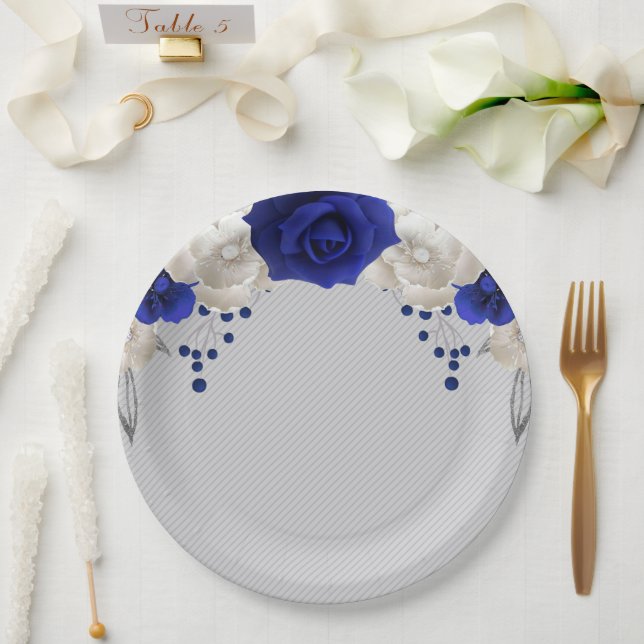 royal blue rose white flowers grey paper plate (Wedding)