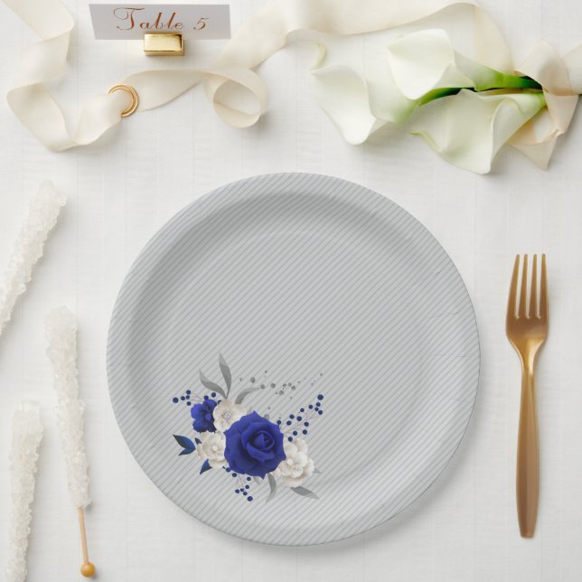 royal blue rose white flowers grey paper plate (Wedding)