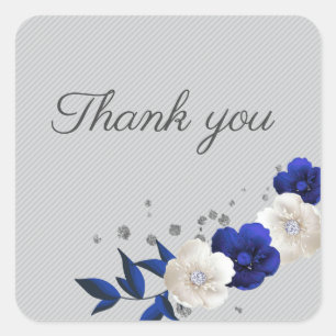 royal blue rose white flowers grey thank you square sticker