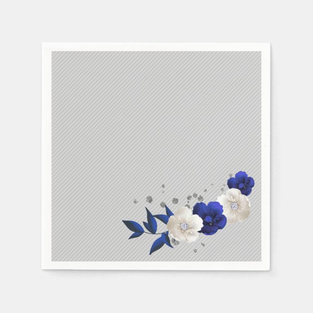 royal blue rose white flowers grey wedding napkin (Front)
