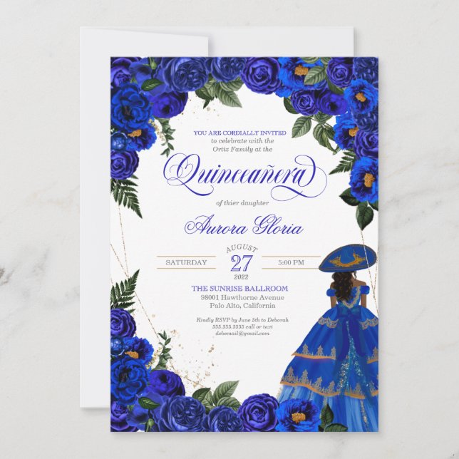 Royal Blue Roses Charro Dress Floral Quinceanera Invitation (Front)