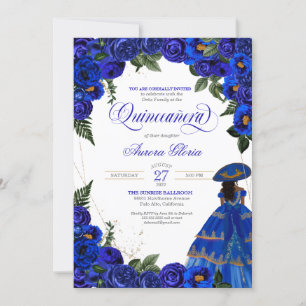 Royal Blue Roses Charro Dress Floral Quinceanera Invitation