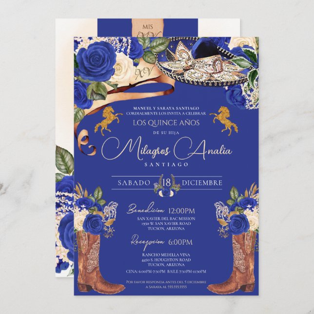 Royal Blue Roses Fancy Mariachi Charro Quinceanera Invitation (Front/Back)