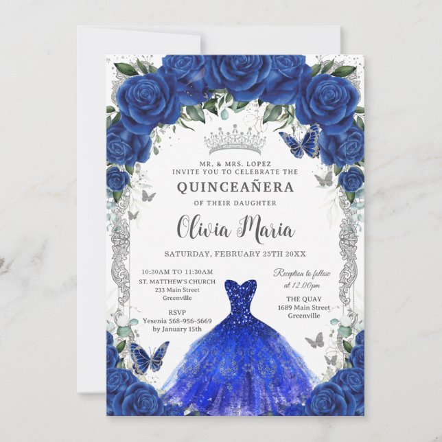 Royal Blue Roses Floral Dress Quinceañera Silver Invitation (Front)