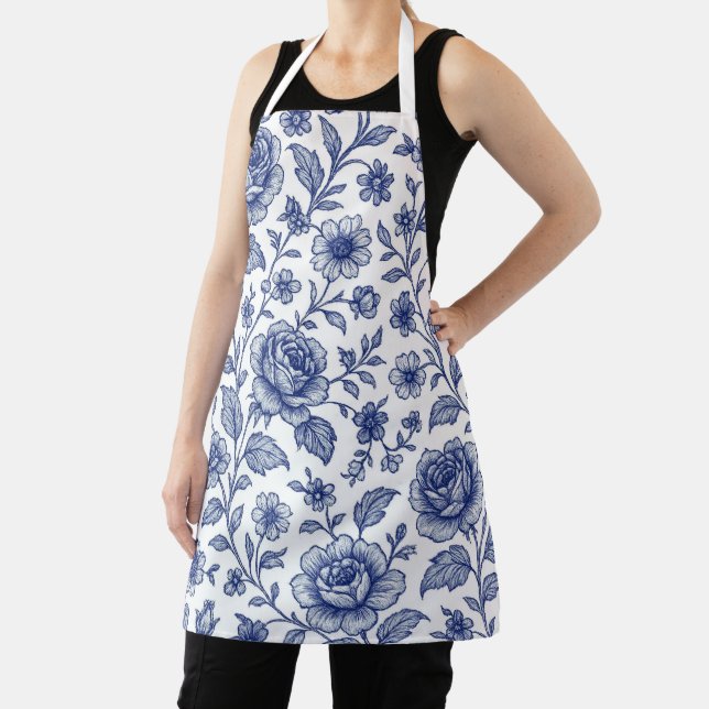 Royal Blue Roses Floral Pattern  Apron (Insitu)