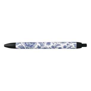 Royal Blue Roses Floral Pattern  Black Ink Pen