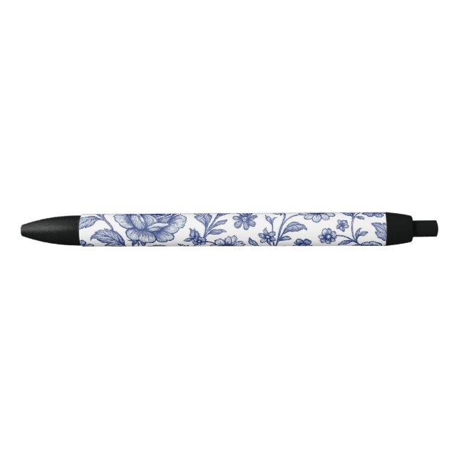 Royal Blue Roses Floral Pattern  Black Ink Pen (Front)