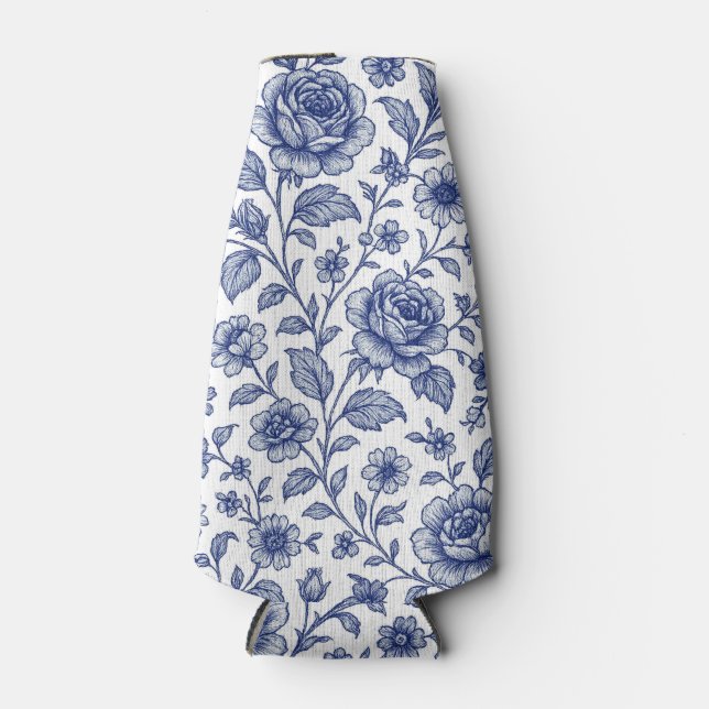 Royal Blue Roses Floral Pattern  Bottle Cooler (Front)