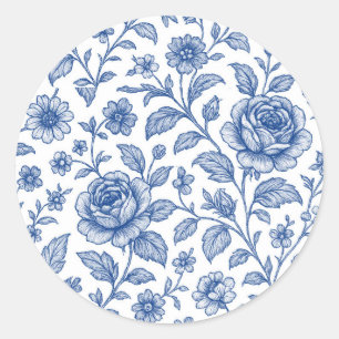 Royal Blue Roses Floral Pattern Classic Round Sticker