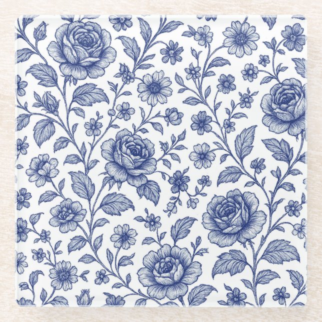 Royal Blue Roses Floral Pattern  Glass Coaster (Front)