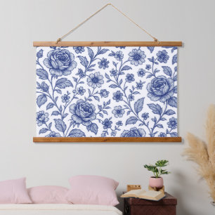 Royal Blue Roses Floral Pattern Hanging Tapestry