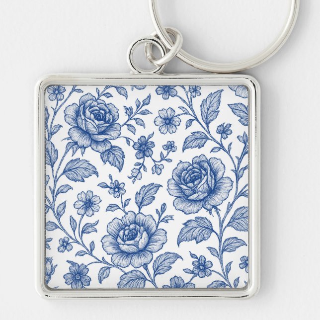 Royal Blue Roses Floral Pattern  Key Ring (Front)