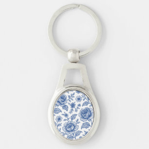 Royal Blue Roses Floral Pattern Key Ring
