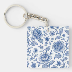 Royal Blue Roses Floral Pattern Key Ring