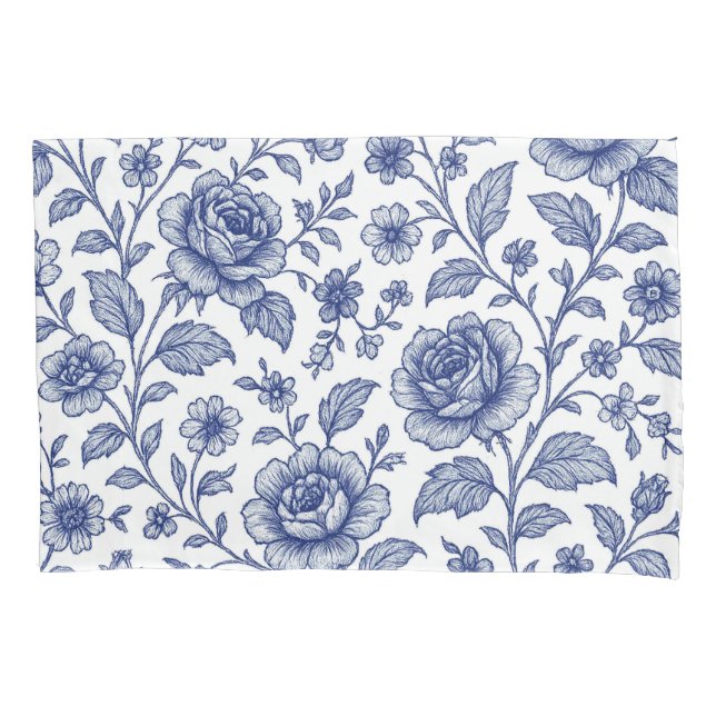 Royal Blue Roses Floral Pattern  Pillowcase (Front)