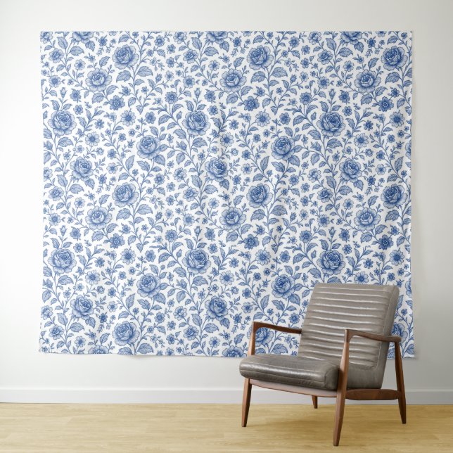 Royal Blue Roses Floral Pattern  Tapestry (In Situ (Horizontal))
