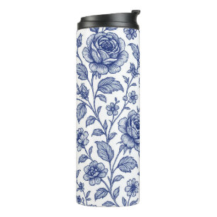 Royal Blue Roses Floral Pattern Thermal Tumbler
