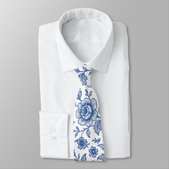 Royal Blue Roses Floral Pattern  Tie (Tied)