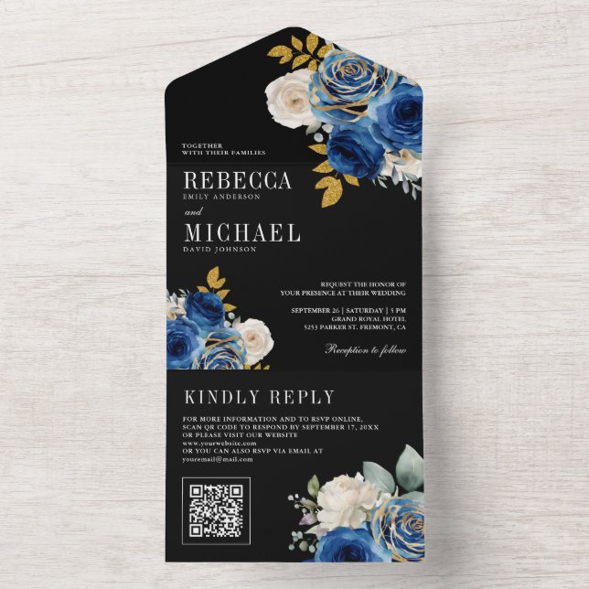 Royal Blue Roses Floral QR Code Black Wedding All In One Invitation (Inside)